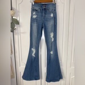 bebe Medium Blue Distressed Flare Jeans